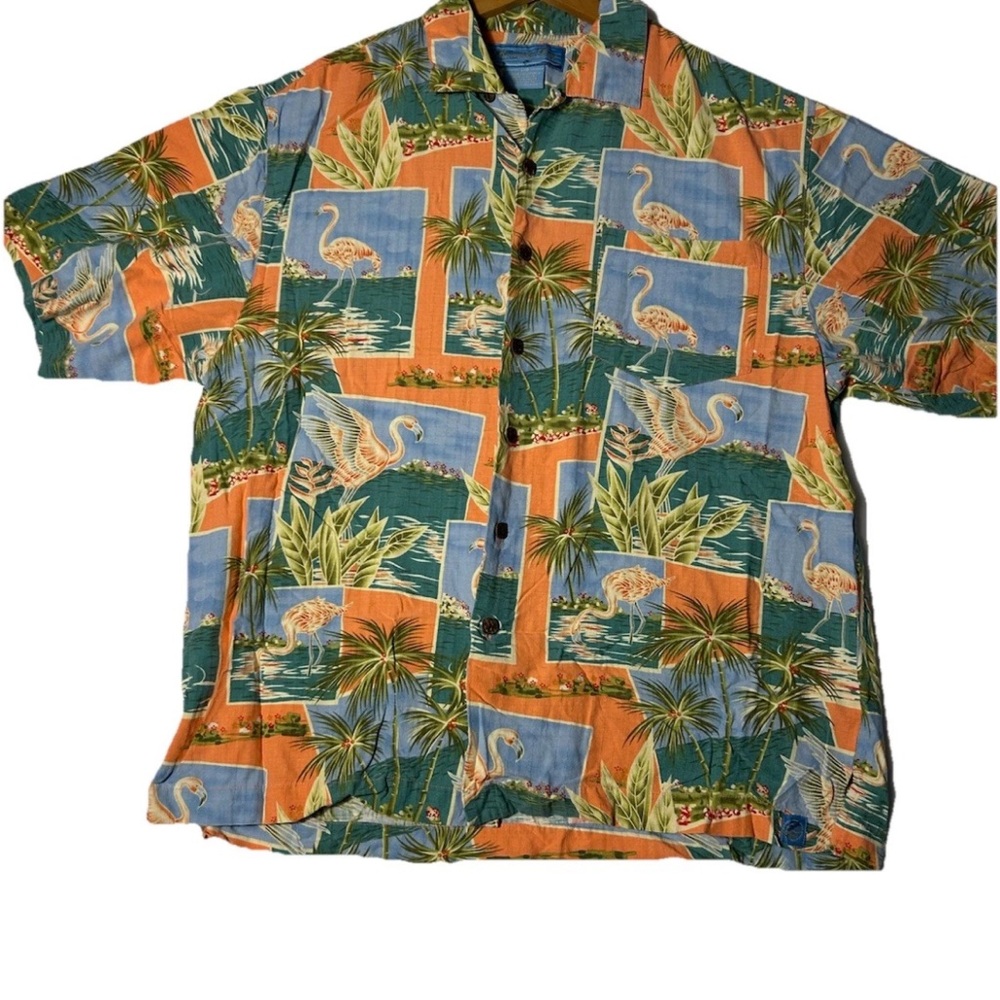 Orange and Blue Casual Button Down Shirt with Tropical Print